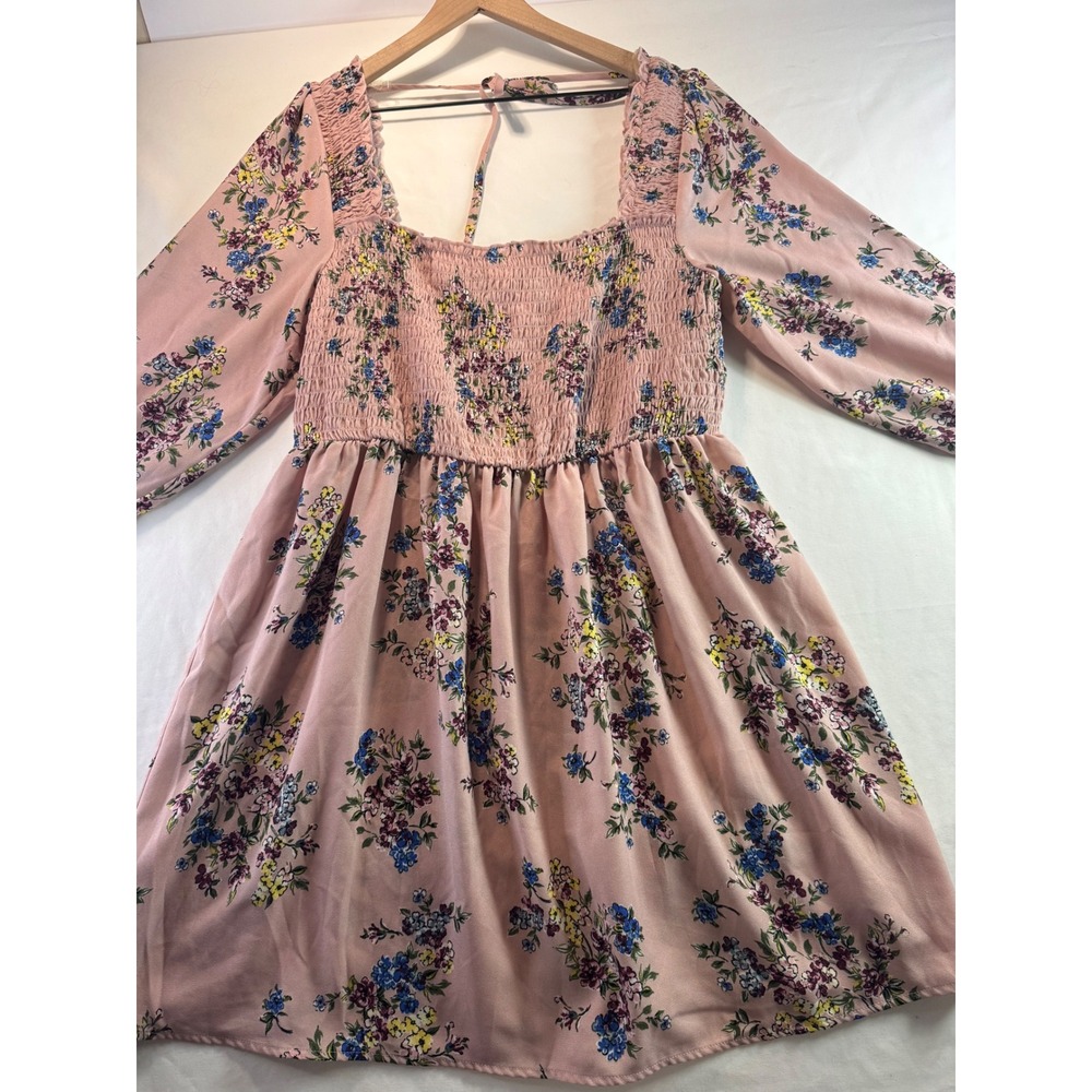 Xhilaration Dress Womens XXL Pink Floral Smocked Square Neck Mini Long Sleeve